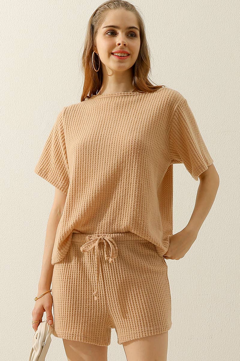 CWSTB274-P_SOLID WAFFLE KNIT TEE TOP & WAIST SHORTS SET