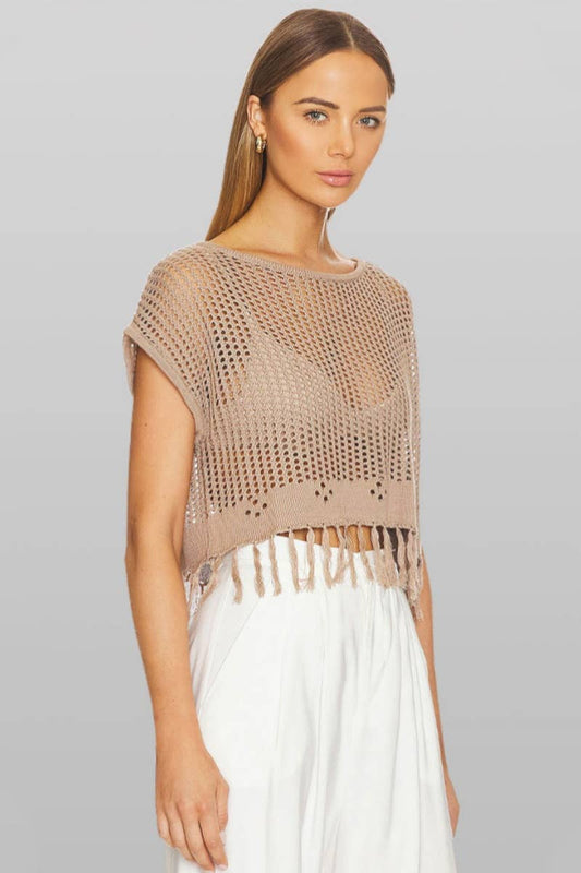 CWTBLS0743_KNITTED CREW NECK SHORT SLEEVE BEACH FRINGE TOP