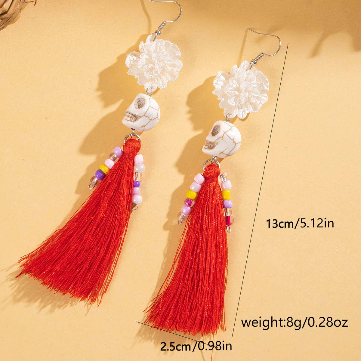 HALLOWEEN SKULL TASSEL RICE BEAD EARRINGS
