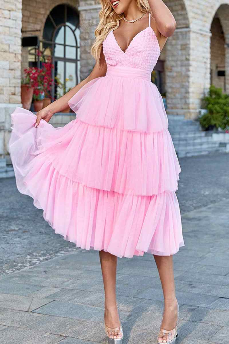 CWDHL0374_V-NECK SLEEVELESS PATCHWORK PUFFY SKIRT DRESS