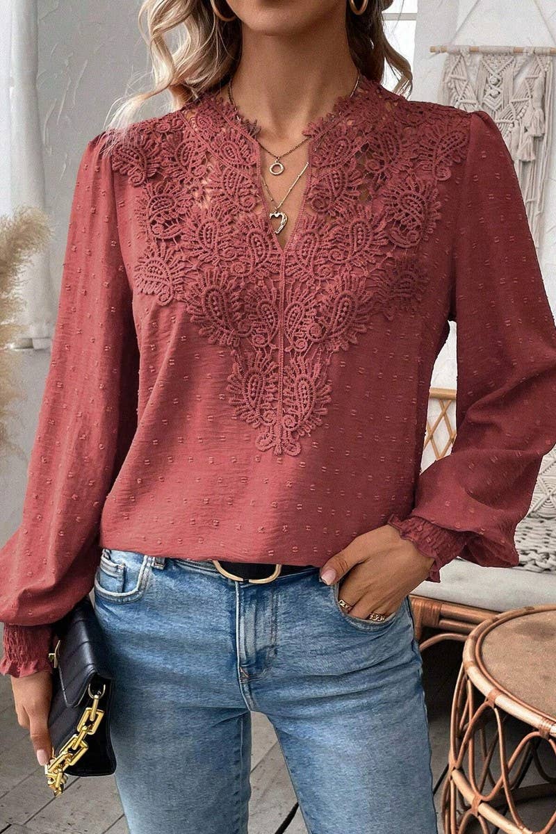 CWTTL2006_V-NECK LACE SOLID COLOR LONG-SLEEVED CASUAL TOP