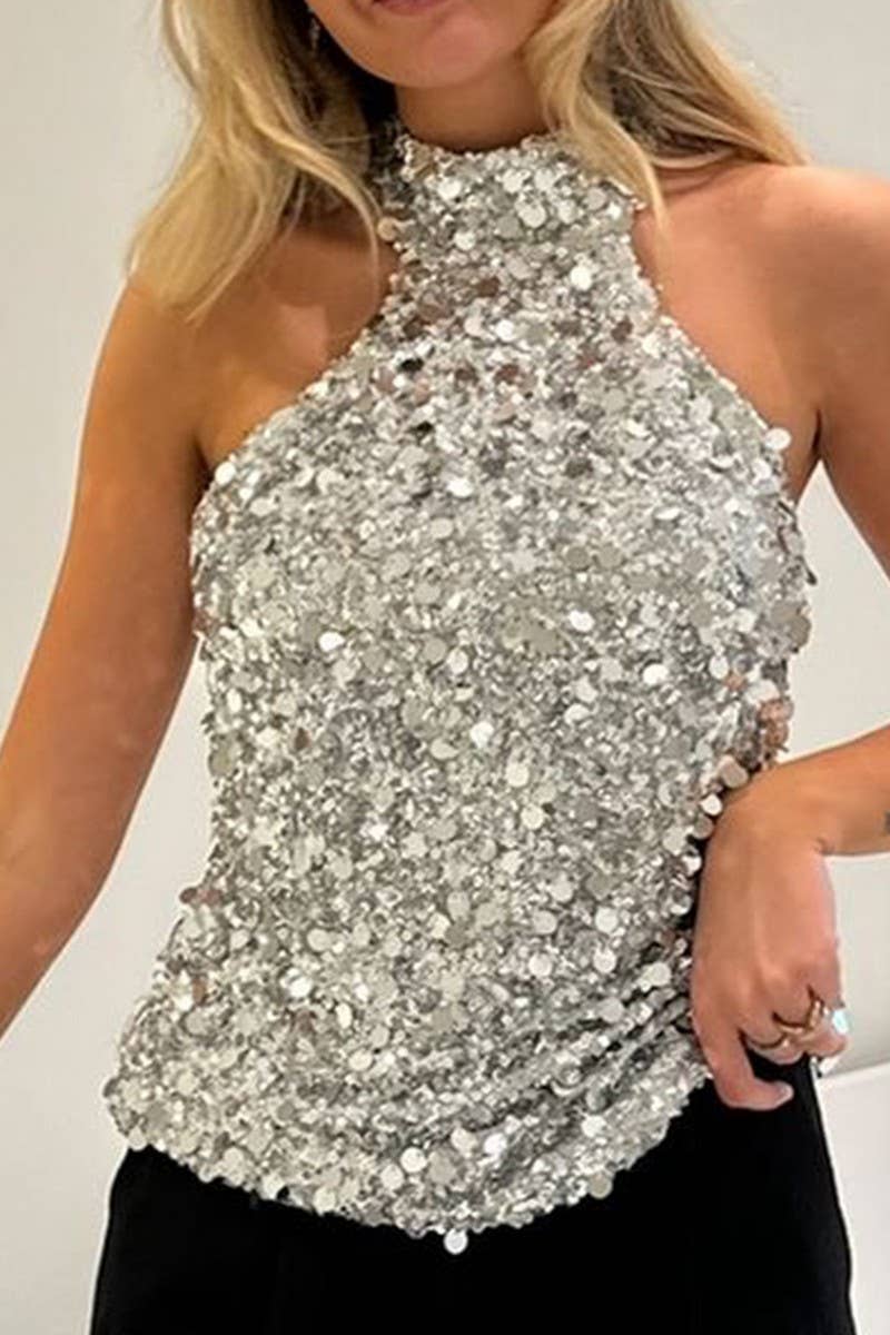 CWTHT0161_SLEEVELESS SEQUINED HALTER NECK PARTY TOP