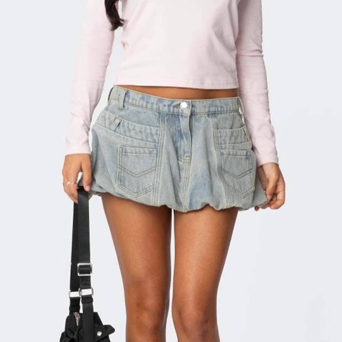 3D pocket vintage flared denim skirt