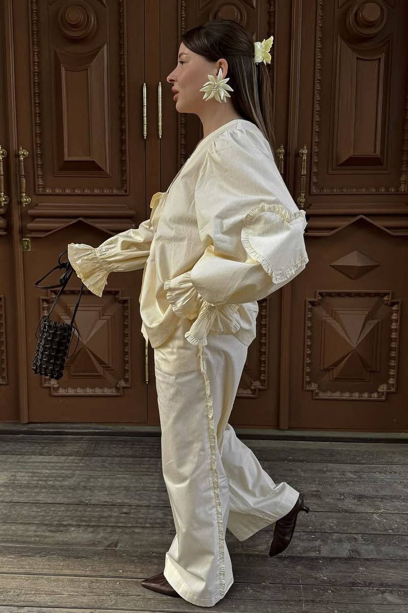 CWTTL2045_FUNGUS PLEAT HEART STITCHING CARDIGAN LACE-UP SHIR