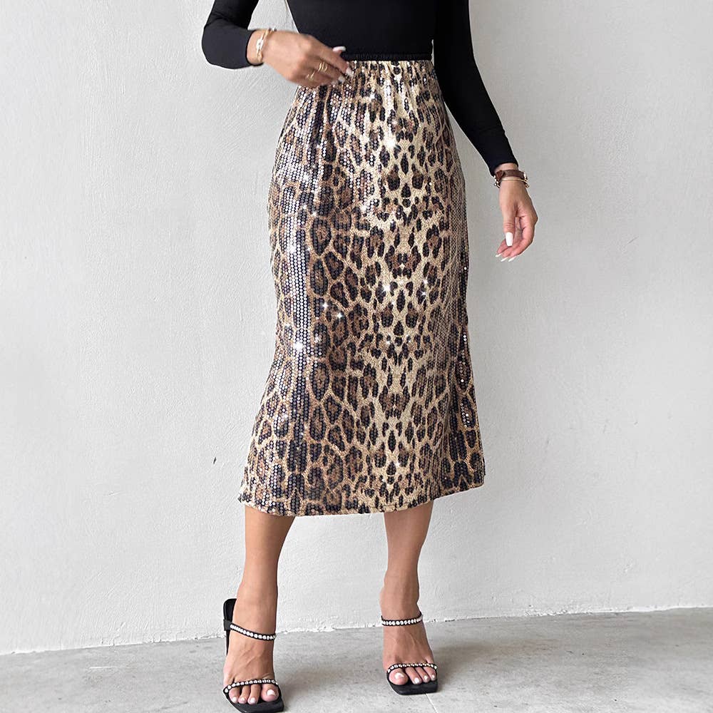 BEAD LEOPARD PRINT LONG FASHION CASUAL SKIRT