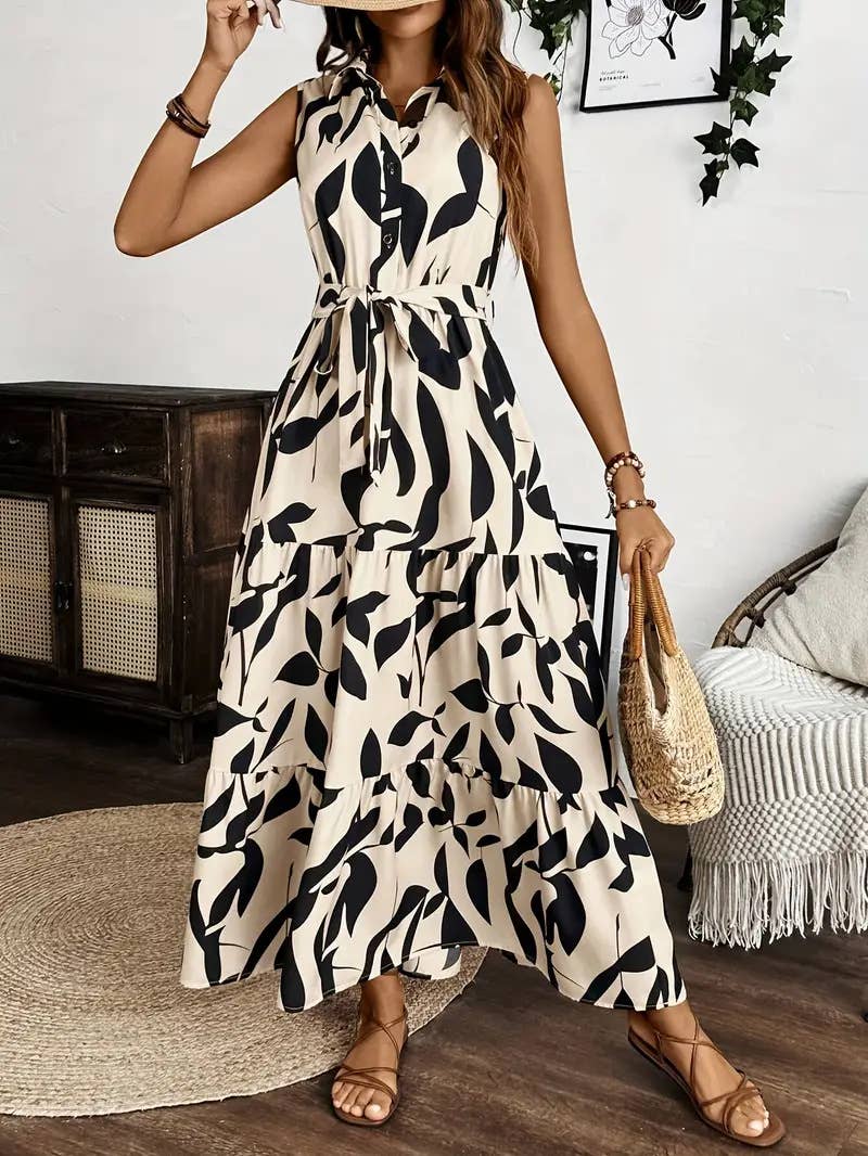 Elegant printed and a cinched waist long dress