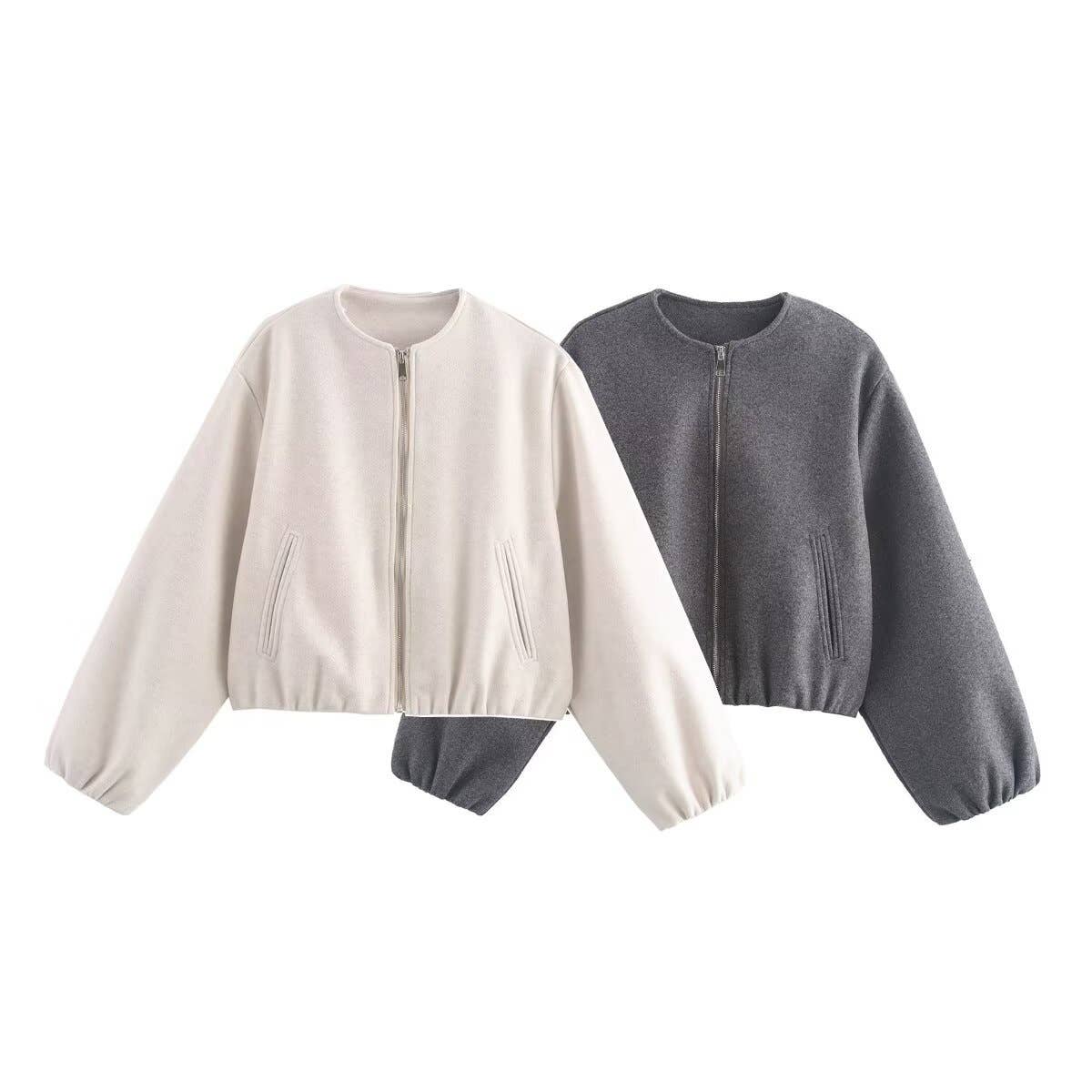 CREW NECK LONG SLEEVE WITH POCKET ZIPPER CARDIGAN