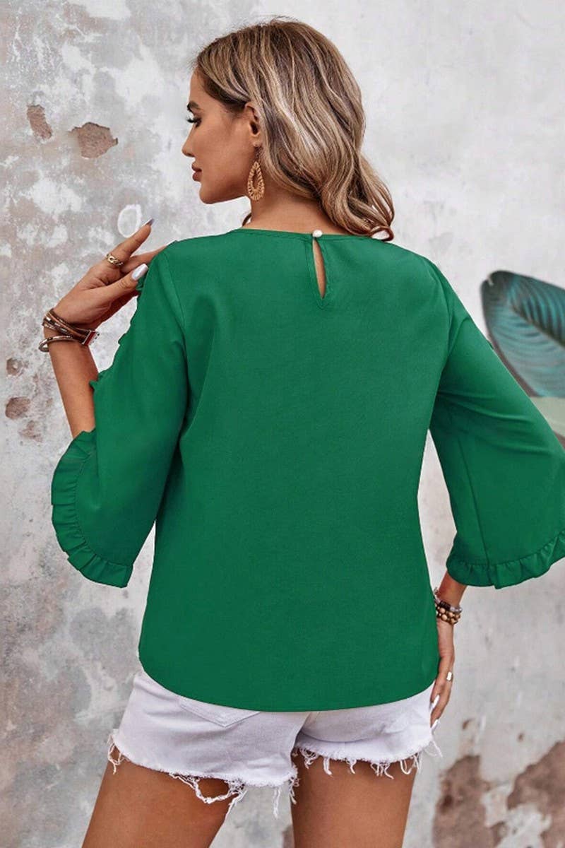 CWTBLS2263_LACE TRIM CREW NECK 3/4 SLEEVE ASYMMETRICAL TOP