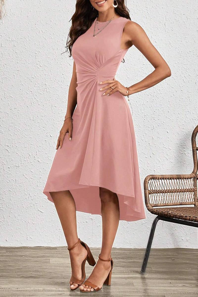 CWDSD7523_SUMMER FASHION SOLID COLOR CRUMPLED DRESS