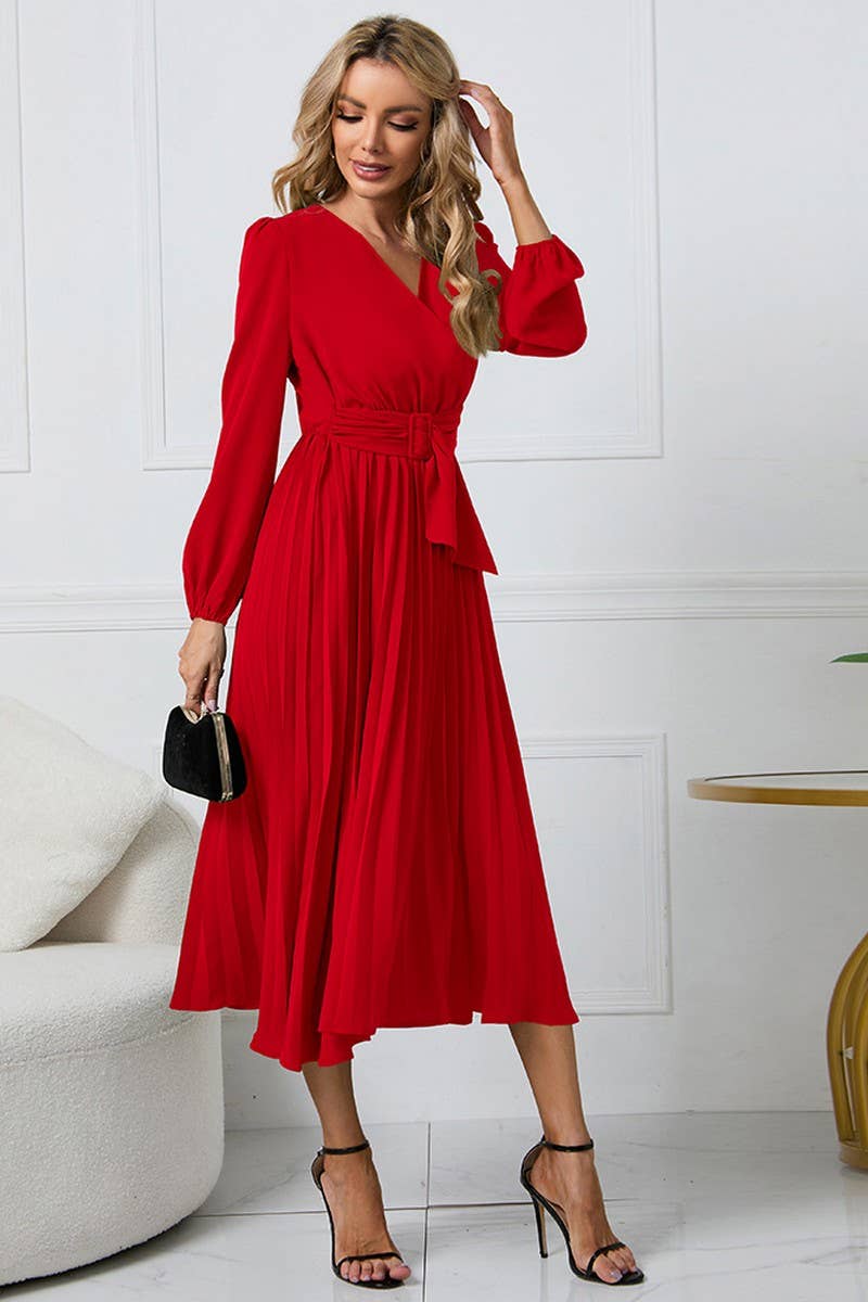 CWDMD1462_V-NECK LONG SLEEVED PLEATED DRESS