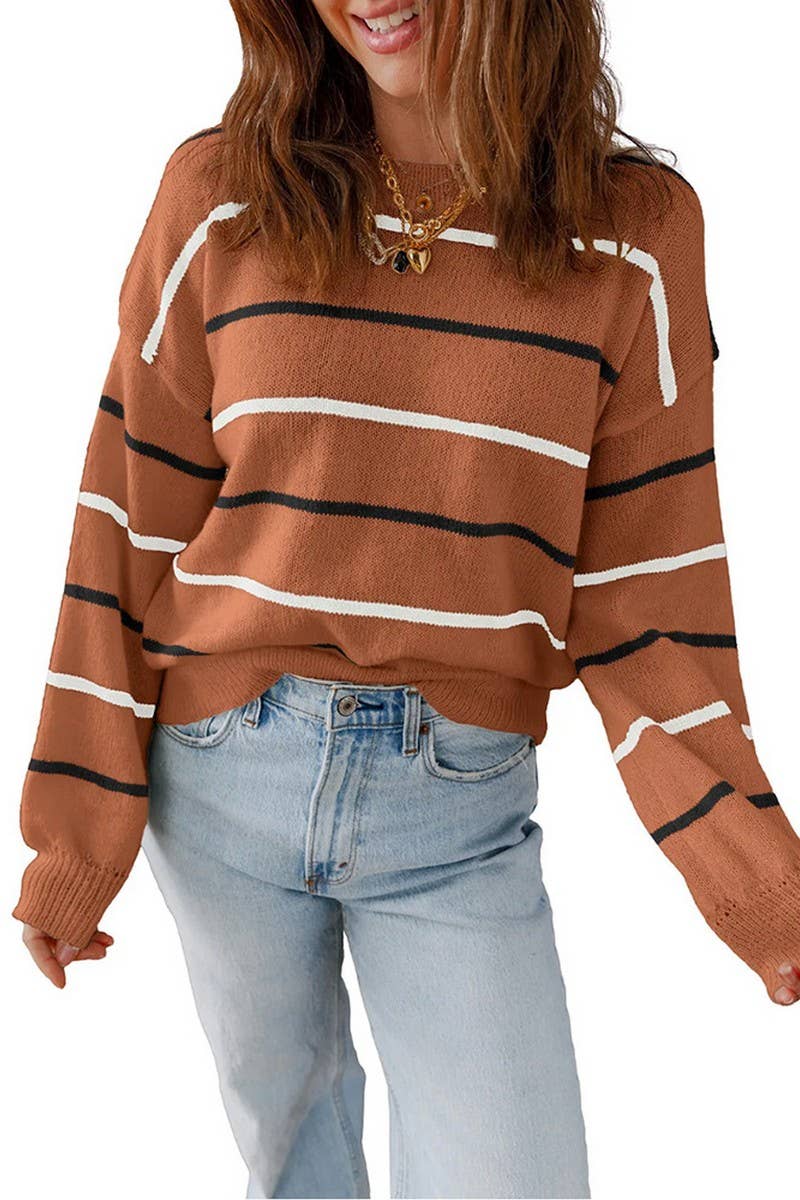 CWOSWL07153_CASUAL COLORFUL STRIPED LOOSE PULLOVER SWEATER