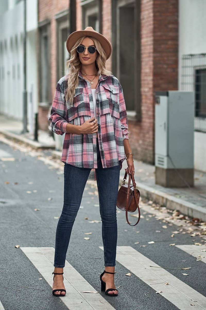 CWTSTL2484_LAPEL LONG SLEEVE POCKET CASUAL PLAID SHIRT