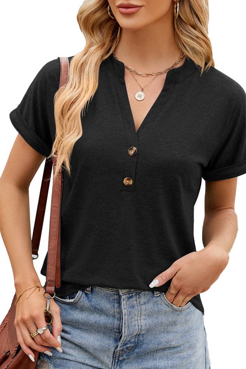 CWTTS1348_SOLID COLOR V-NECK BUTTON SHORT-SLEEVED T-SHIRT