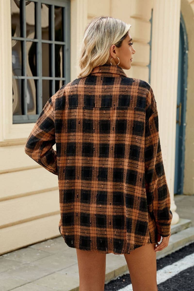 CWTSTL2256_AUTUMN VINTAGE PLAID LONG-SLEEVED SHIRT TOP