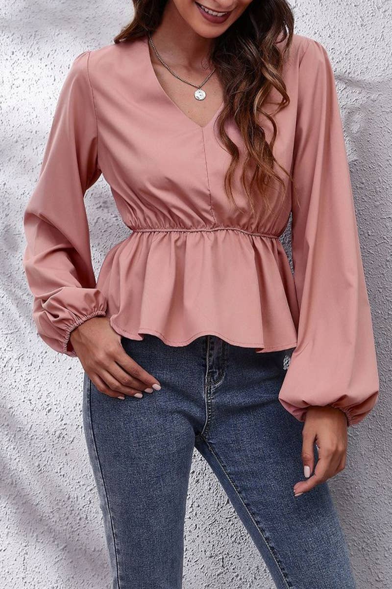 CWTBLL3760_V-NECK SOLID COLOR LANTERN SLEEVE CHIFFON SHIRT