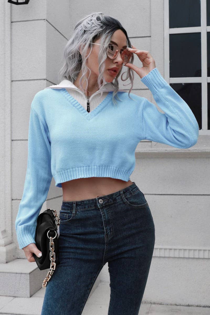 CWOSWL6858_ZIPPERED LAPEL COLORBLOCK CROPPED SWEATER