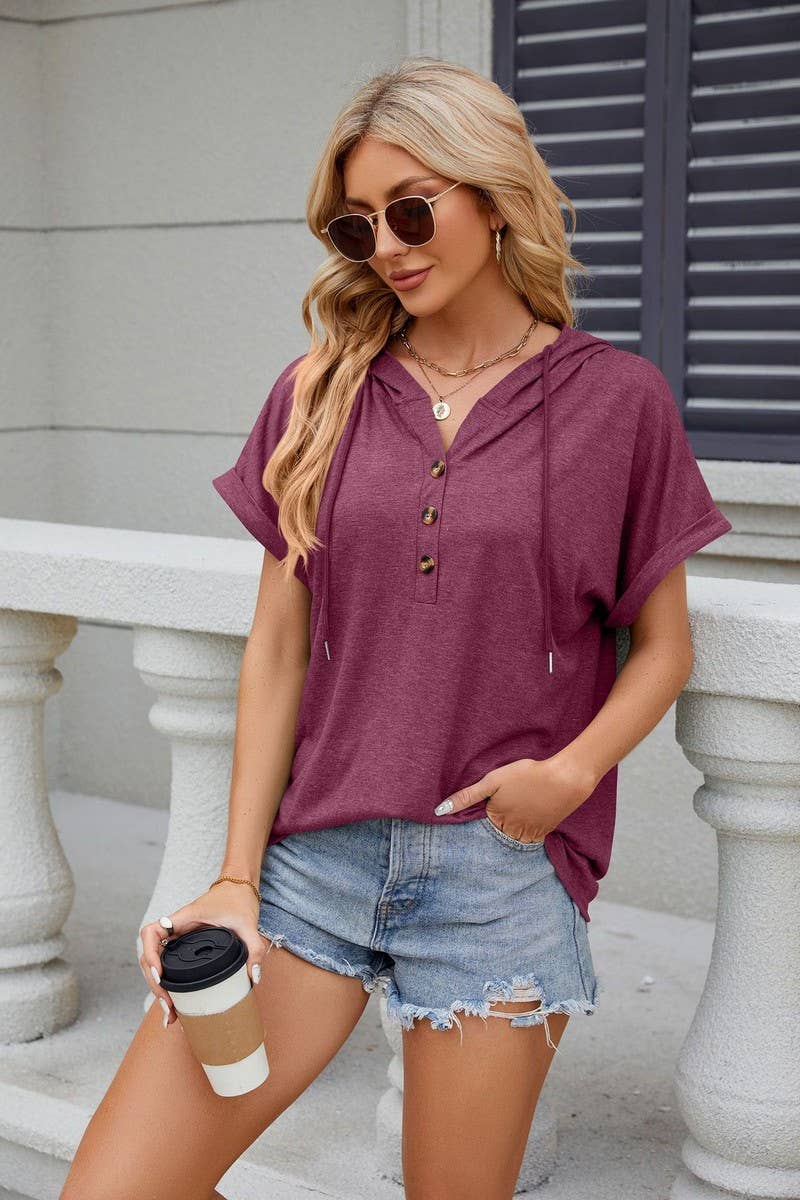 CWOHOS0016_Button Neck Short Sleeve Hoodi Knit Top