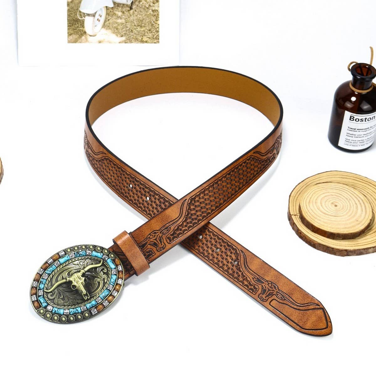 1.45" WIDE CAMEL WESTERN DENIM BELT_CWABE0418