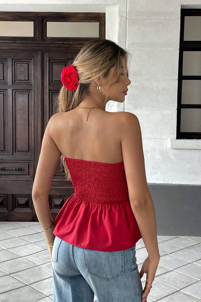 CWTTT0075_RUCHED BUSTIER RUFFLE BOW TIE CROP TOP