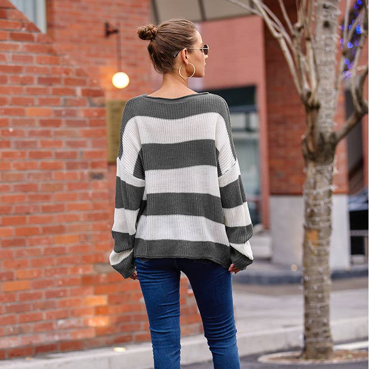 CREW-NECK STRIPED SWEATER WITH ROLLED EDGE - Casual Style