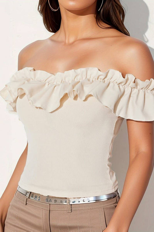 CWTBLS1911_OFF SHOULDER RUFFLE TRIM SOLID COLOR TOP