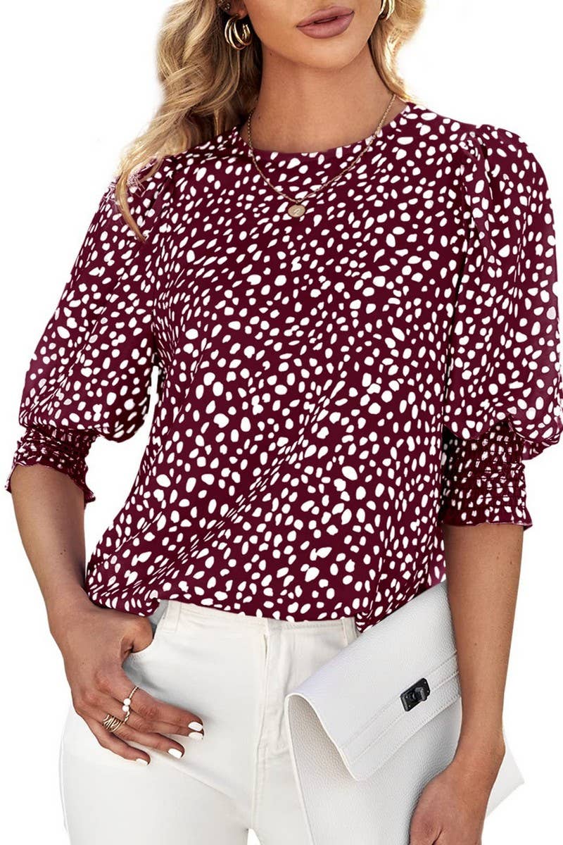 CWTBLS1600_ROUND NECK PRINTED SHORT-SLEEVED CHIFFON SHIRT