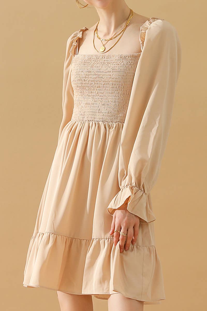 CWDSD10342_RUFFLE HIGH WAIST LONG SLEEVE CASUAL DRESS