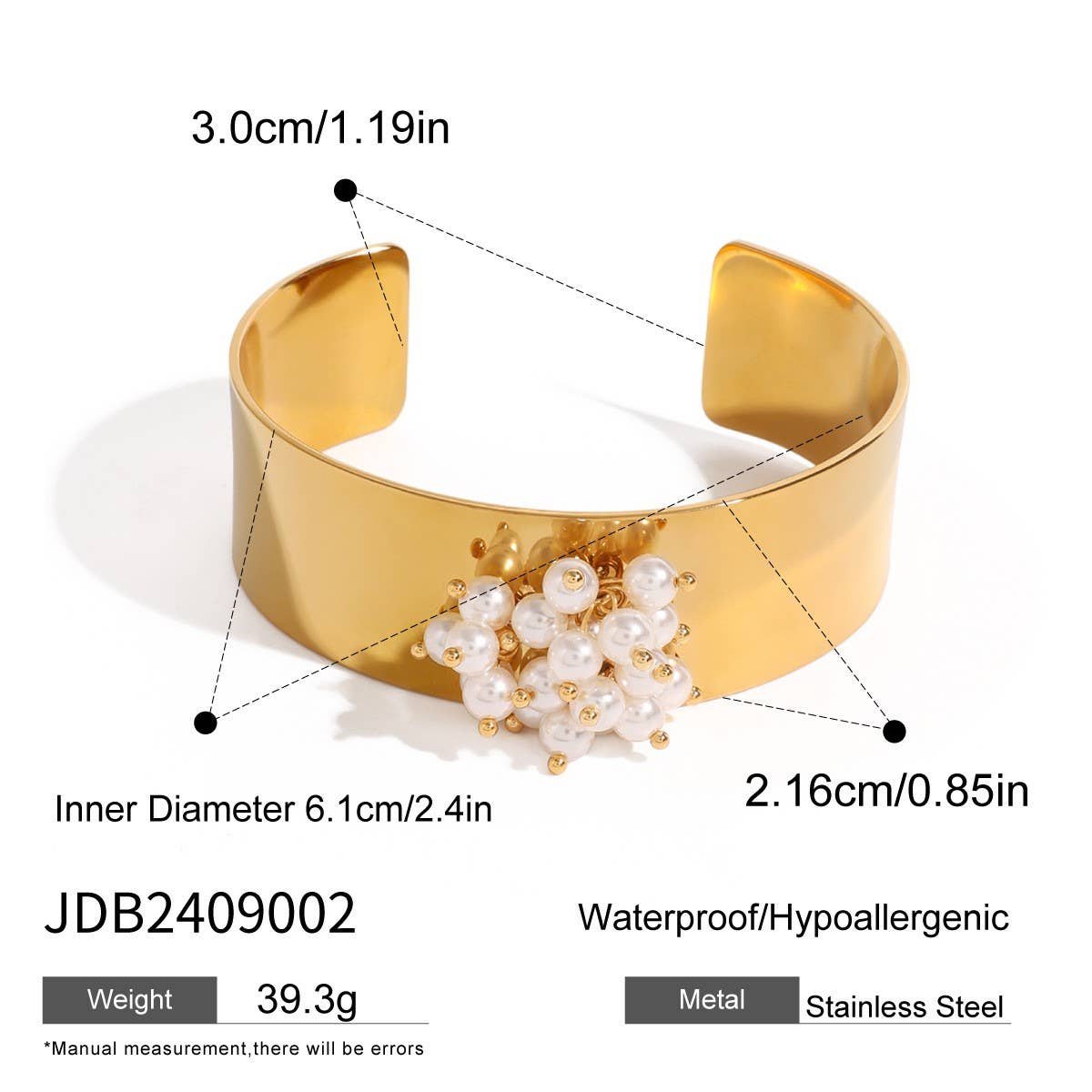 Titanium Steel 18K Gold Pearl Open Cuff Bracelet