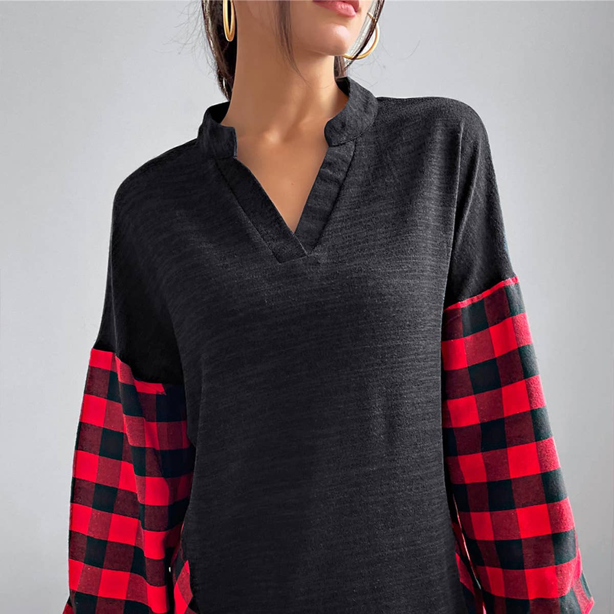 Classic casual patchwork plaid long-sleeved top