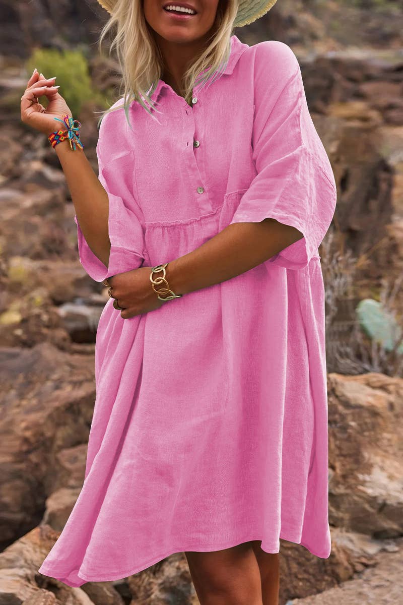 CWDSD8007_LOOSE SOLID COLOR CASUAL BUTTON FASHION DRESS