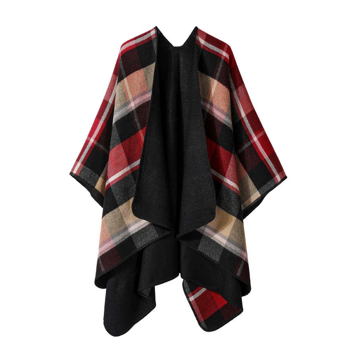 DOUBLE-SIDED PLAID FAUX CASHMERE SHAWL CAPE