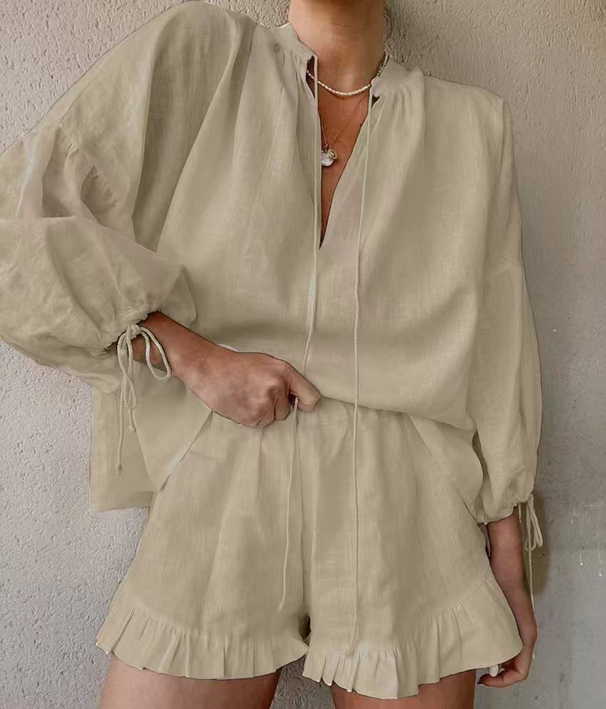 COTTON LINEN V-NECK LANTERN SLEEVE SHORTS SUIT