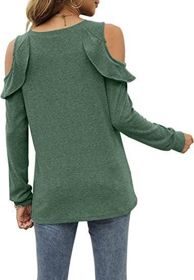 CREW-NECK, OFF-SHOULDER, RUFFLED CASUAL SWEATER