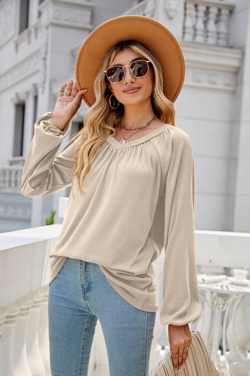 CWTBLL2858_LOOSE PLEATED V-NECK LONG SLEEVE TOP