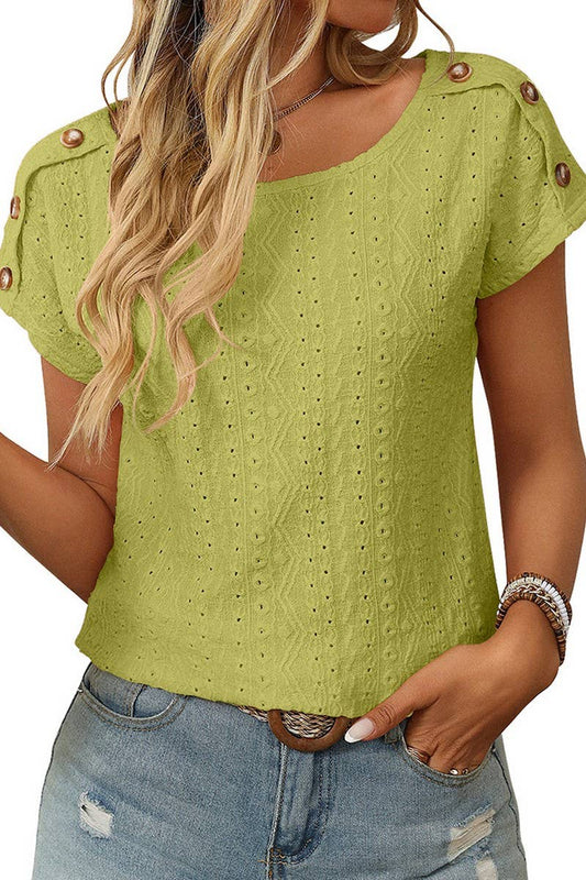 CWTBLS1709_ROUND NECK BUTTON SHORT SLEEVE CUTOUT TOP