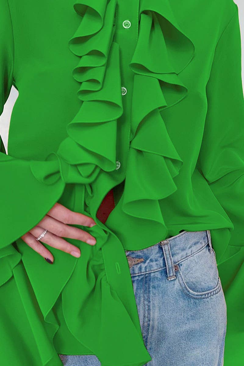 CWTBLL3342_SOLID COLOR RUFFLED LONG SLEEVE SHIRT TOP