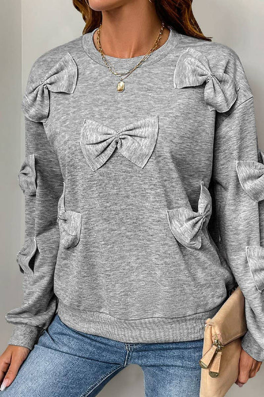 CWTBLL2465_ROUND NECK LONG SLEEVE 3D BOW SWEATSHIRT