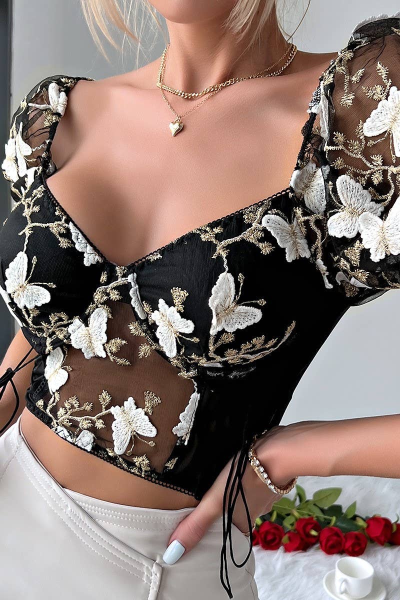 CWTBLS0491_DEEP V-NECK SHORT SLEEVE SEXY MESH PRINT TOP