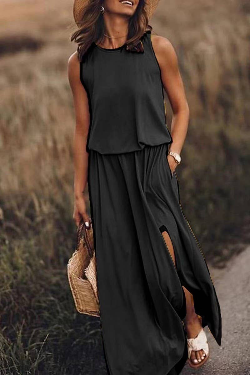 CWDMD5390_SOLID COLOR SLEEVELESS BALLOON LONG DRESS