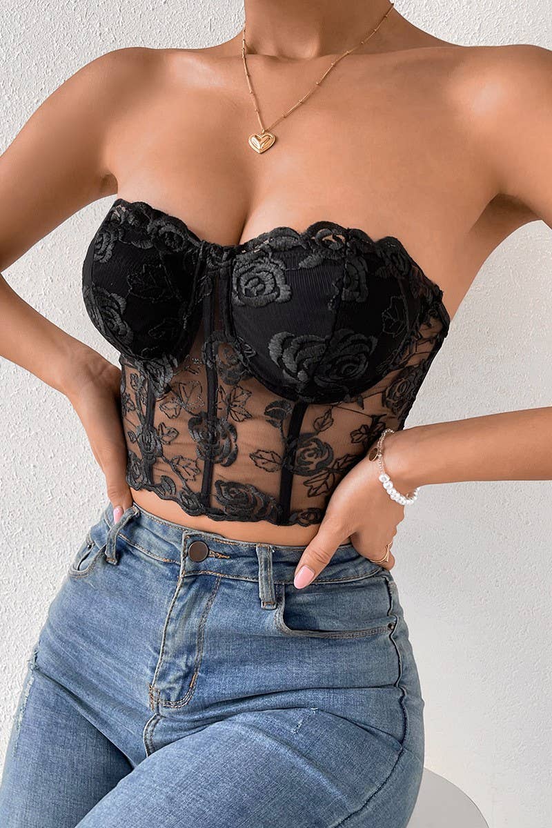 CWTTK0740_3D FLOWER STITCHED UNDERWIRE BANDEAU TANK TOP