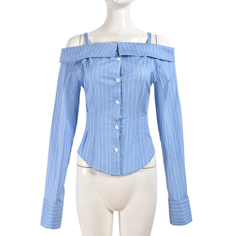 Fitted striped one-shoulder cropped shirt