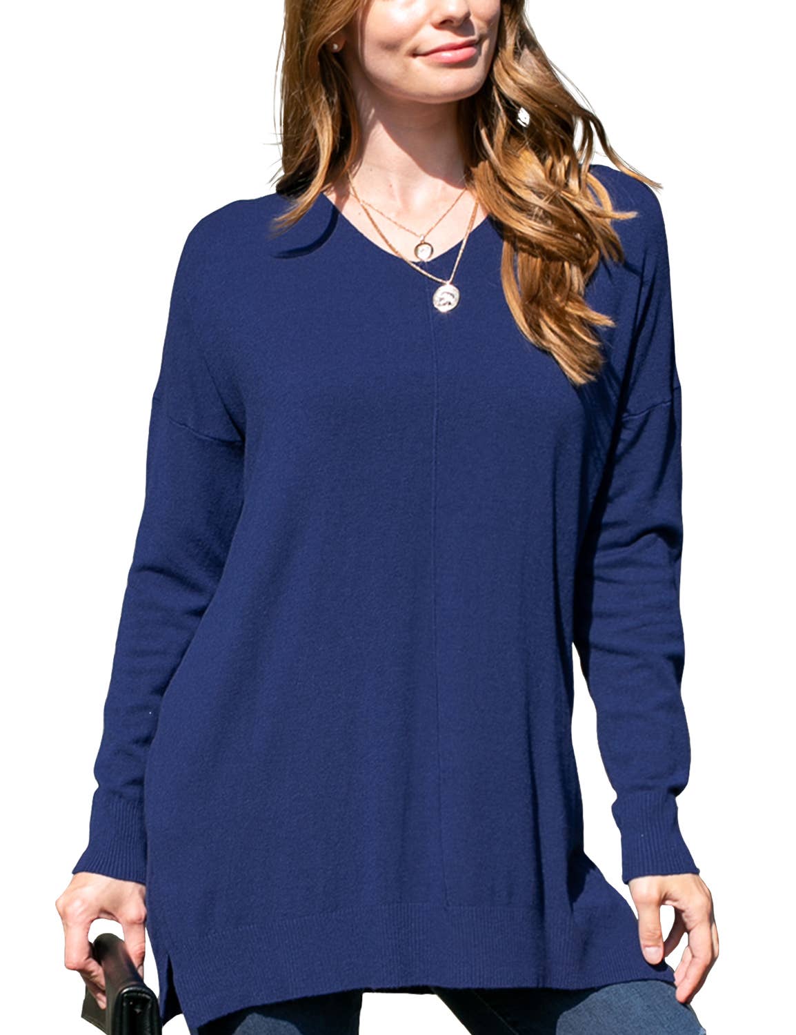 CWOSWL1826_V NECK LOOSE FIT TUNIC LENGTH SOFT SWEATER TOP