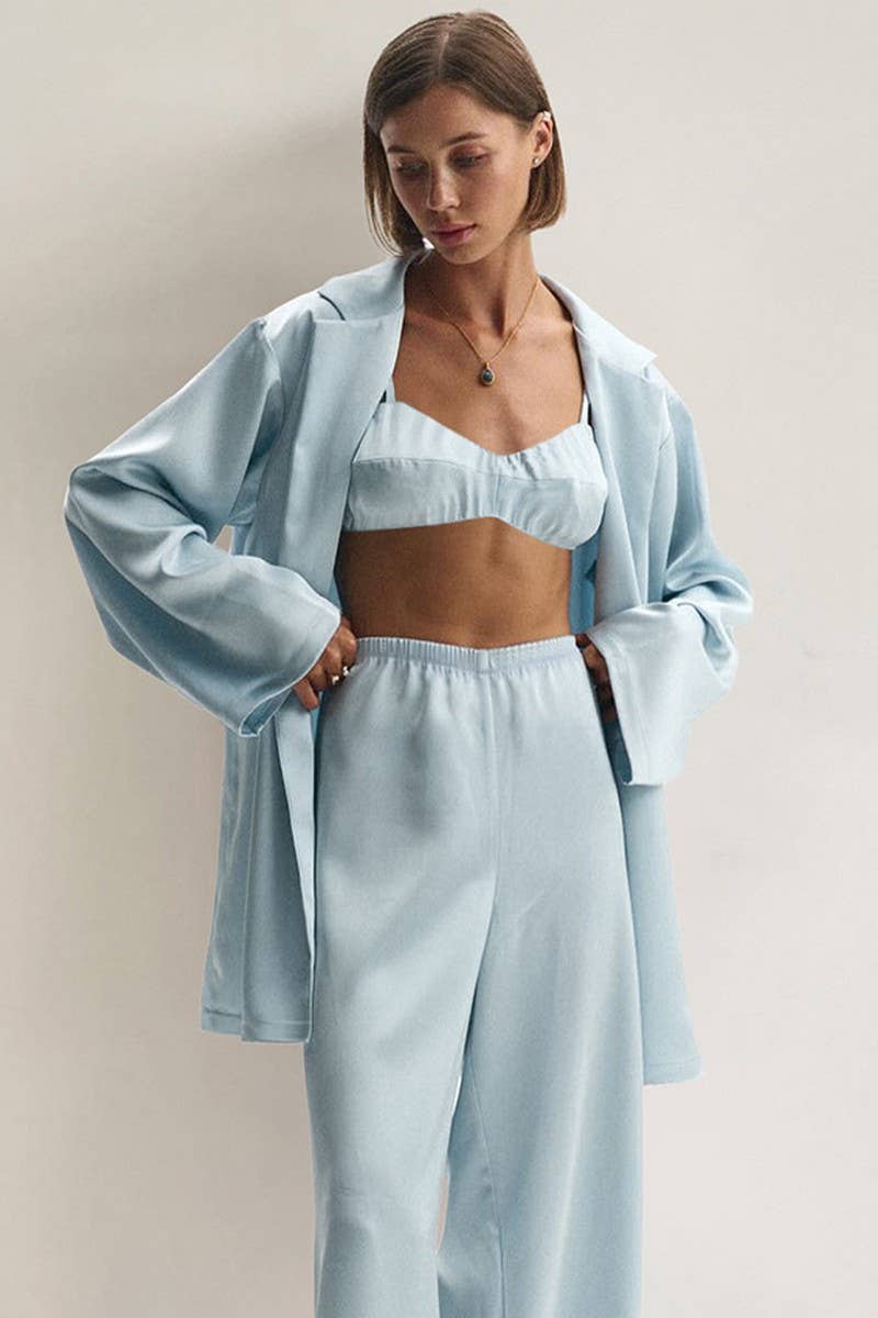 CWSPJ0267_SOLID COLOR SATIN HOME WEAR THREE PIECE SET