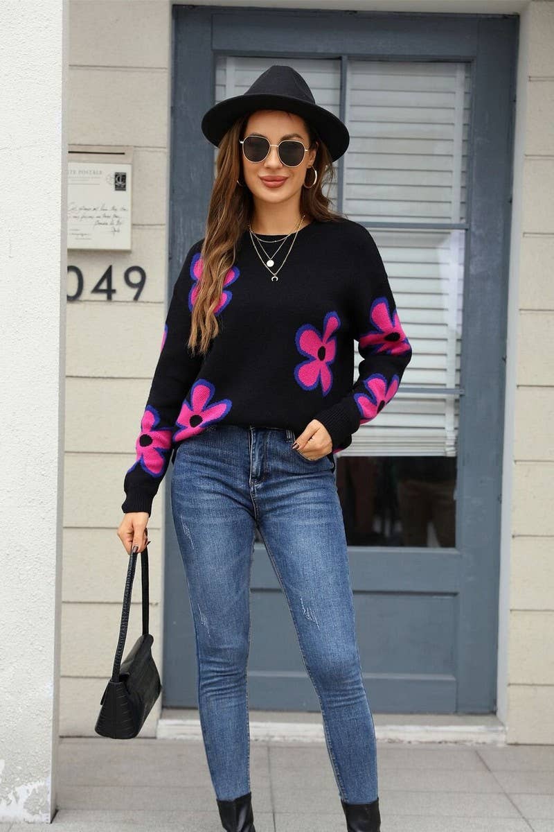 CWOSWL07599_FLORAL JACQUARD COLORBLOCK LOOSE KNIT TOP