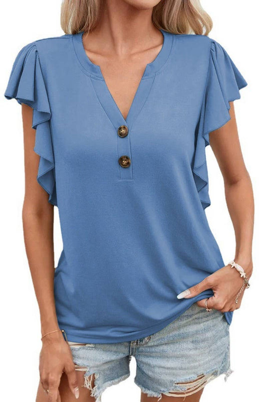CWTBLS2310_SOLID V-NECK RUFFLE SLEEVE SHORT SLEEVE TOP
