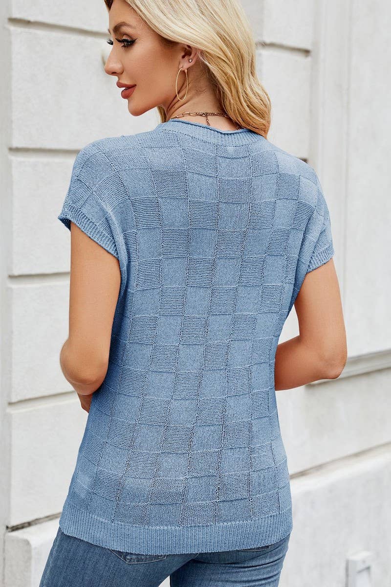CWTBLS02497_SMALL CHECK CASUAL SHORT SLEEVE KNIT TOP