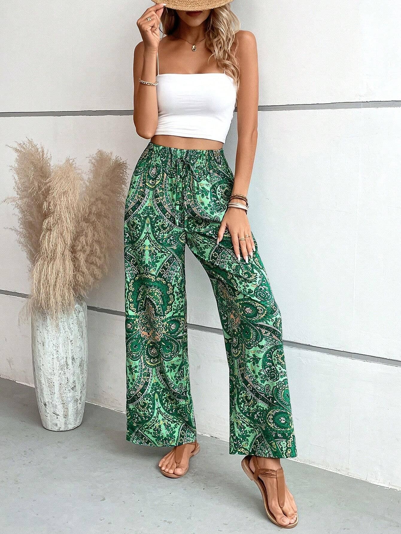 ALL-IN-ONE PRINTED ELASTIC-WAISTED WIDE-LEG PANTS