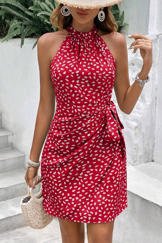 CWDSD7525_FASHIONABLE HALTERNECK FLORAL PLEATED SHORT DRESS