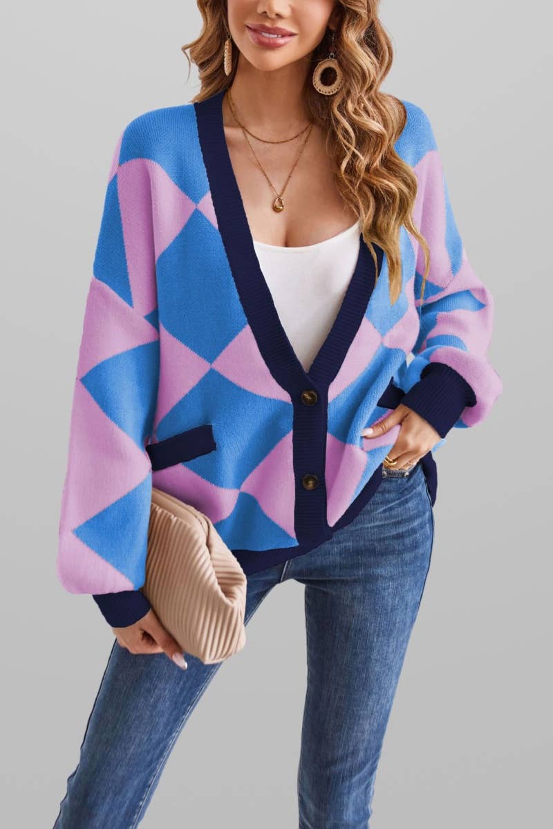 CWOCAL1814_V-NECK LOZENGE LONG SLEEVE CARDIGAN