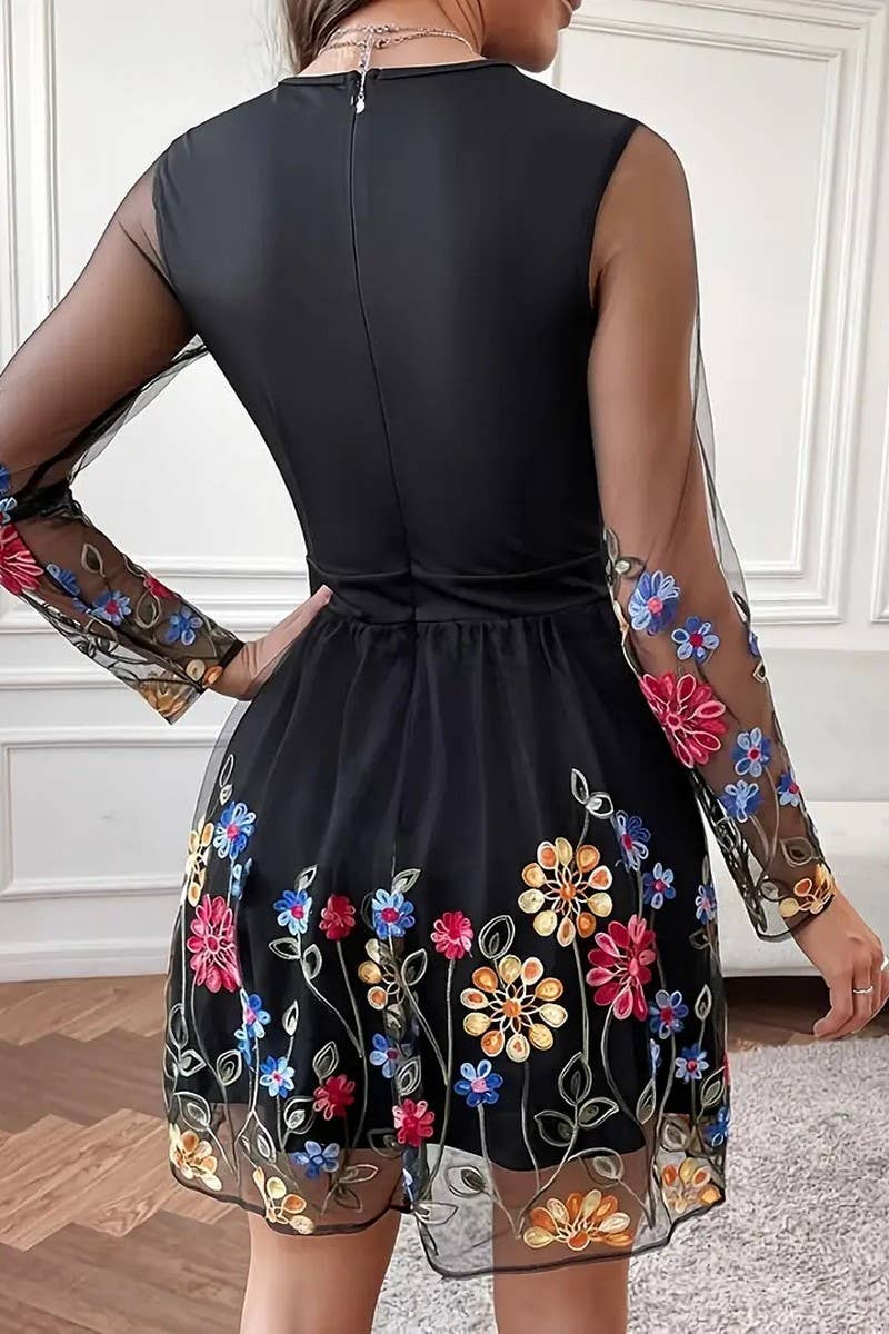 CWDSD8868_FASHION PRINTED MESH LONG SLEEVE DRESS